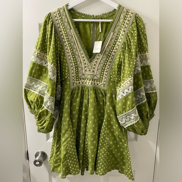 Free People NWT Sweet SW Embroidered Mini Dress in Olive Moss Green BUST 35.5” - Picture 4 of 16